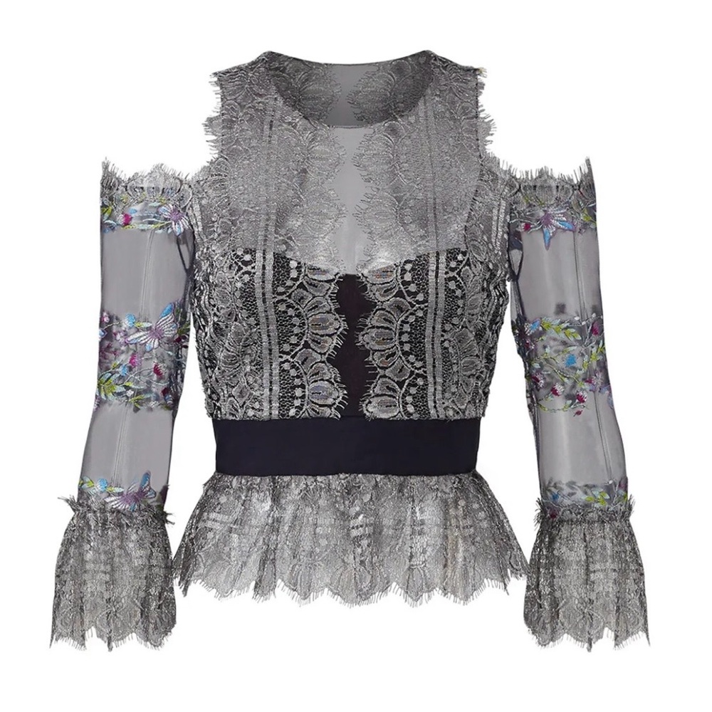 Marchesa Notte Floral Lace Peplum Top - Picture 2 of 16